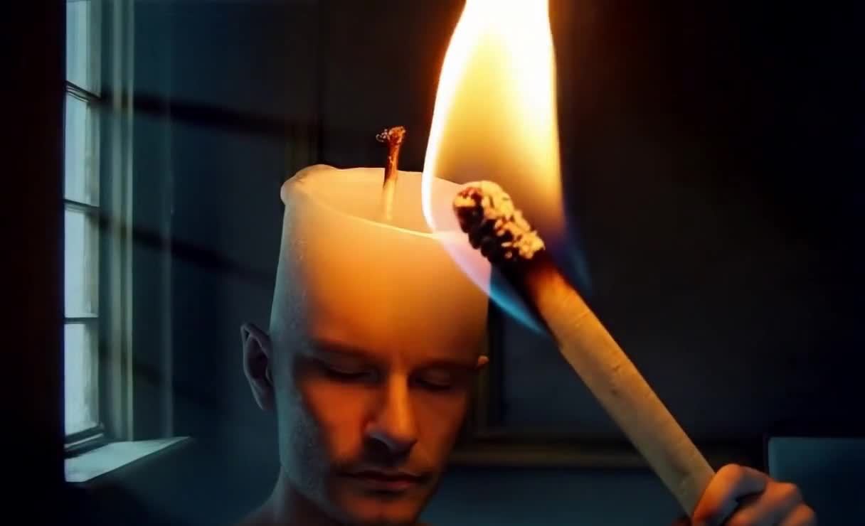 男子头顶蜡烛，火柴点燃顶部