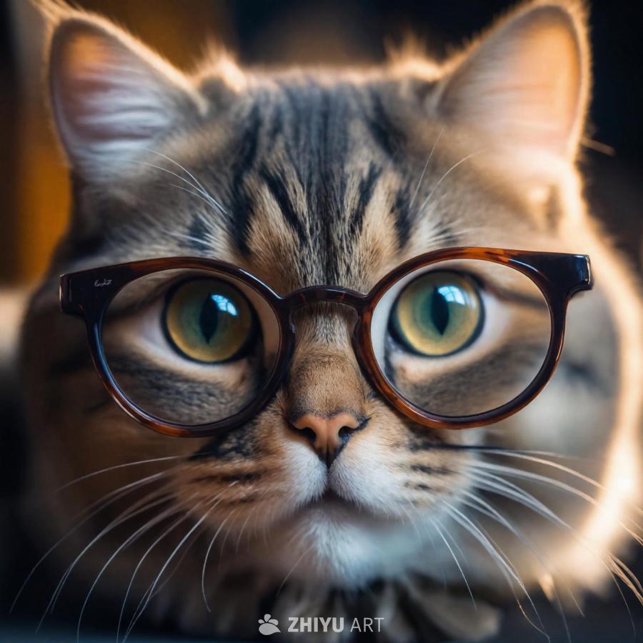 一只戴着眼镜的猫，眼镜是方形镜片，超高清特写镜头对