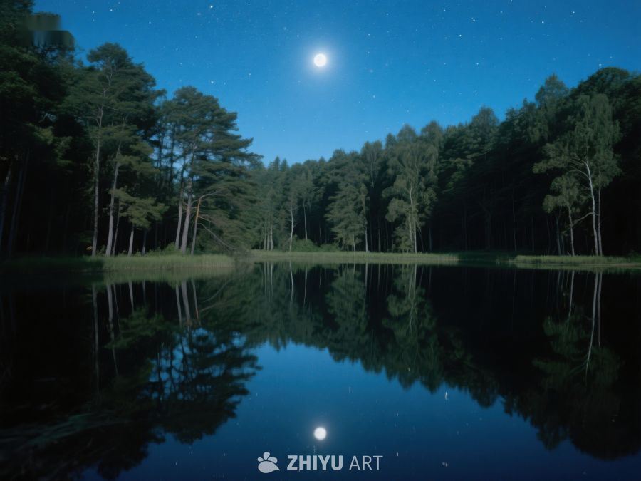 月夜湖畔，树木倒影清晰 512