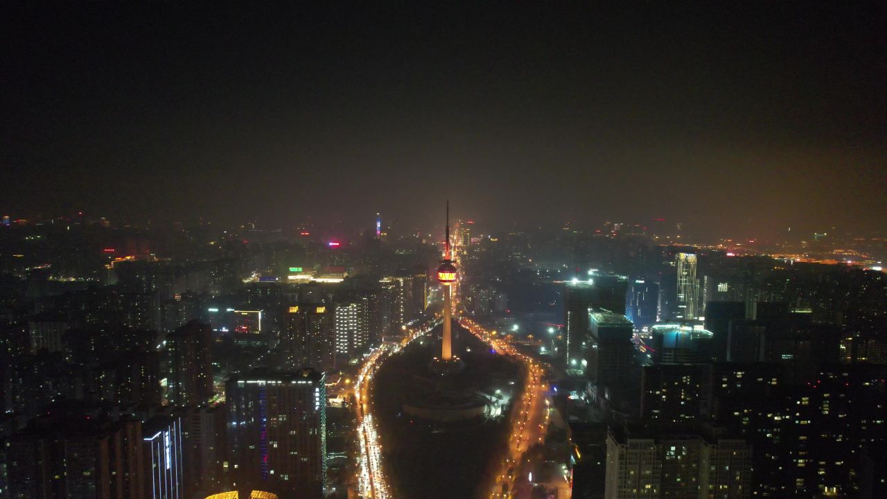  西安电视塔夜景灯光航拍 