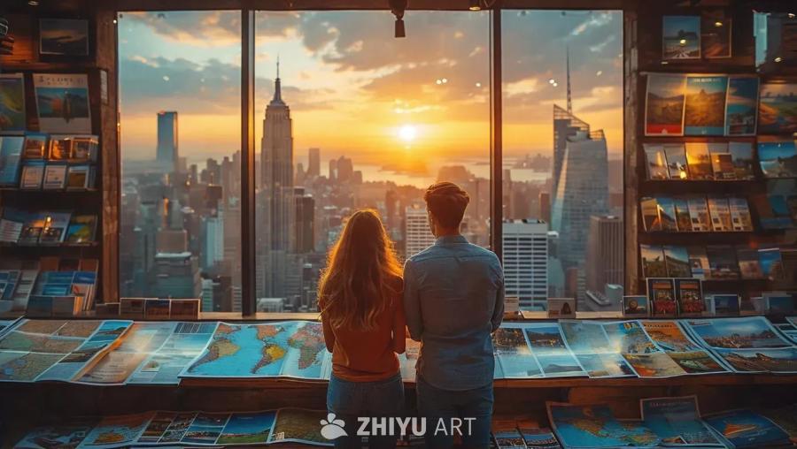 一对男女背对着镜头，站在窗户前。窗外是城市景观，可