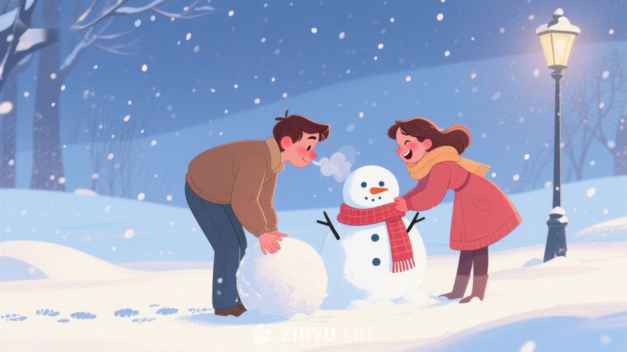 冬日雪地，两人共建雪人 148