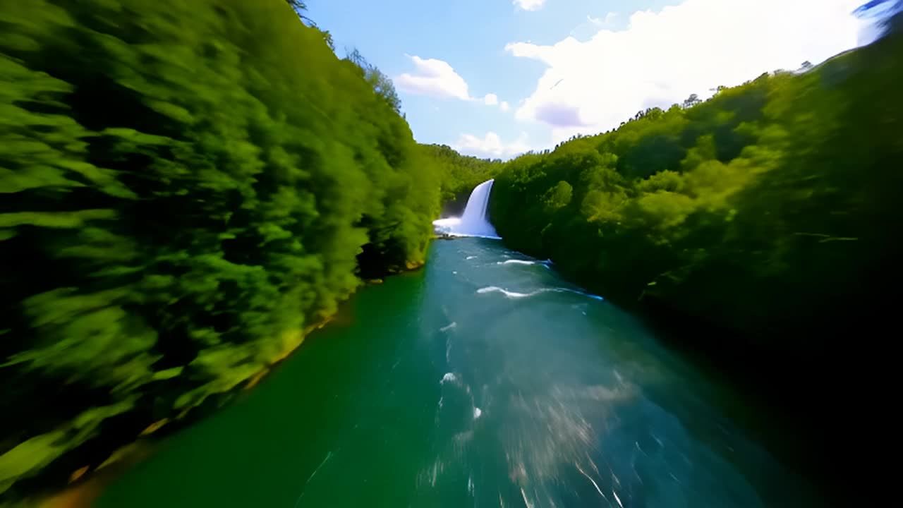 高速空中视角，穿越广阔的绿色景观。镜头快速穿过森林