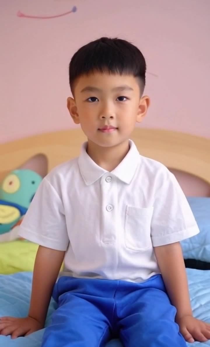 穿白色Polo衫的男孩在床上微笑看着镜头