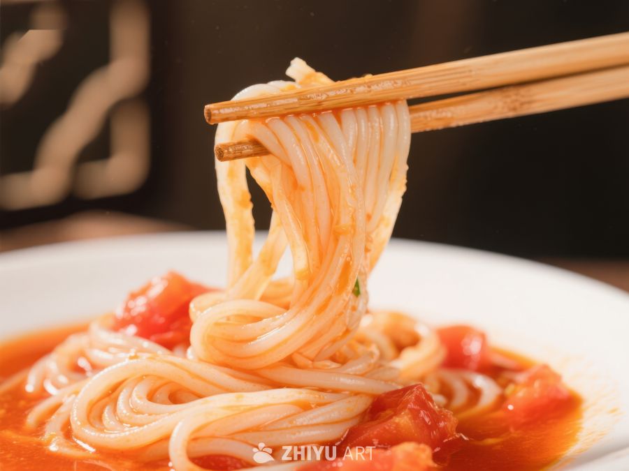 筷子夹起面条，搭配番茄酱 700