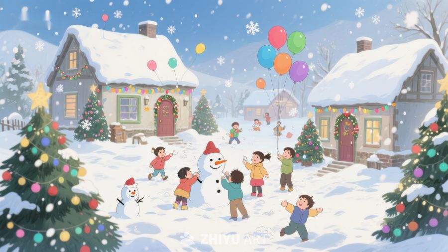 冬日雪景中孩子们堆雪人 17