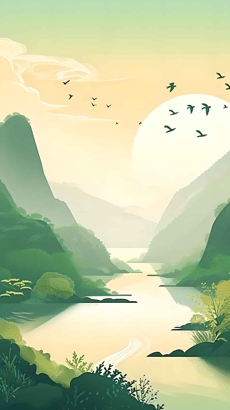 一幅卡通风景画上面有一条河和几只鸟 8