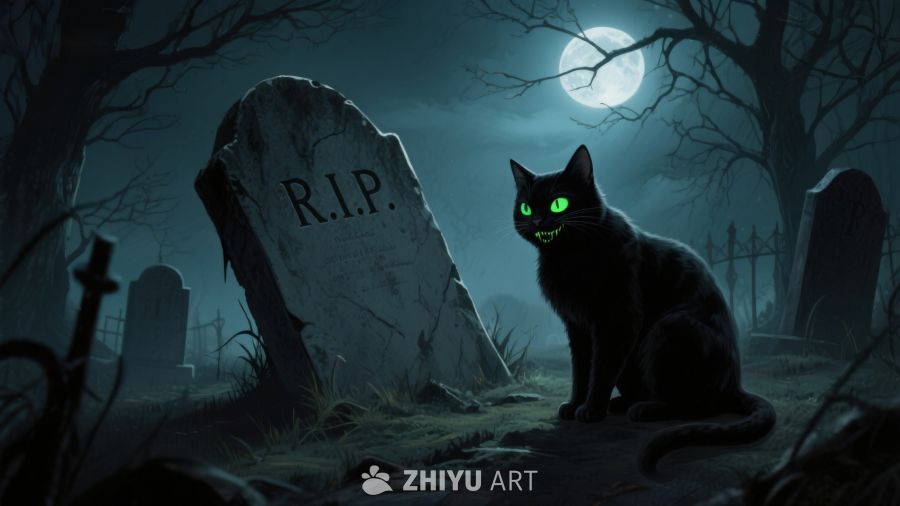 月夜墓地，黑猫守望