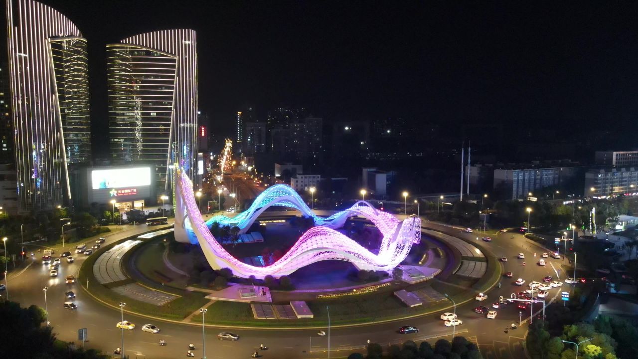 湖北武汉光谷广场夜景交通转盘航拍