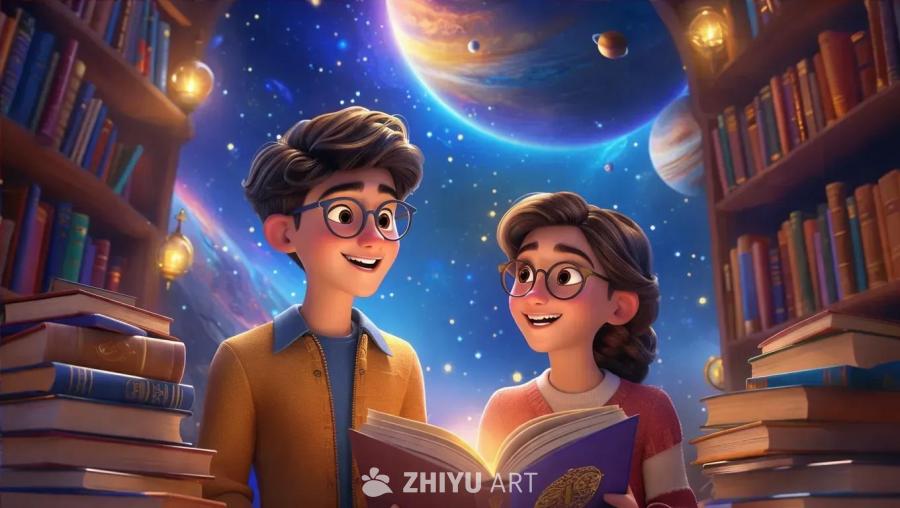 两个3D动画青少年，男孩和女孩都戴着眼镜，正对着一