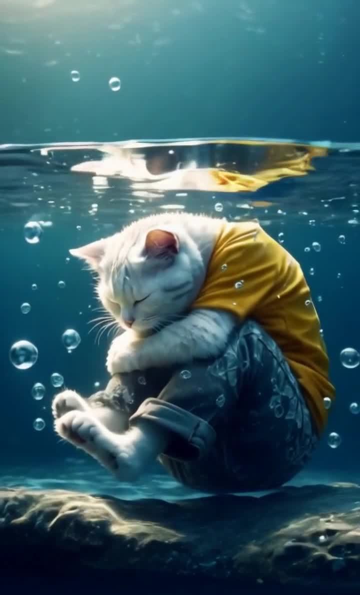 水中漂浮的穿衣小猫安静闭眼休憩