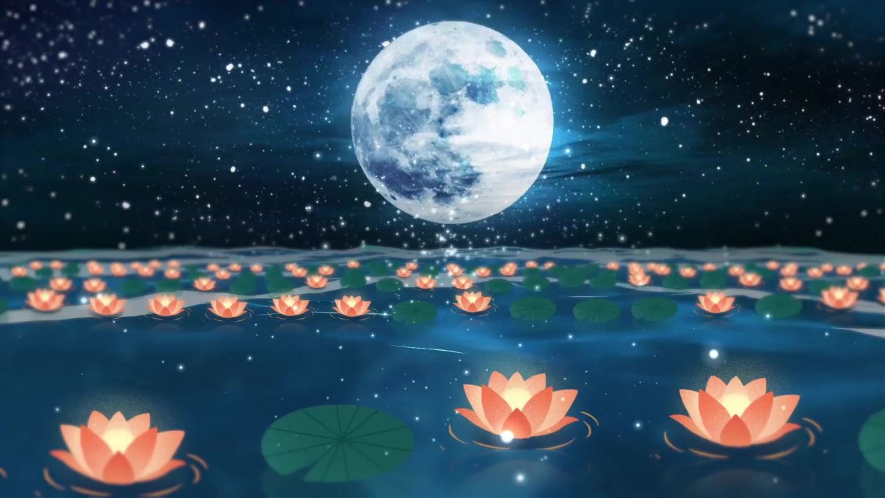 唯美大海上升月亮白月光蓝色夜空圆月明月大屏幕舞台LED视频  