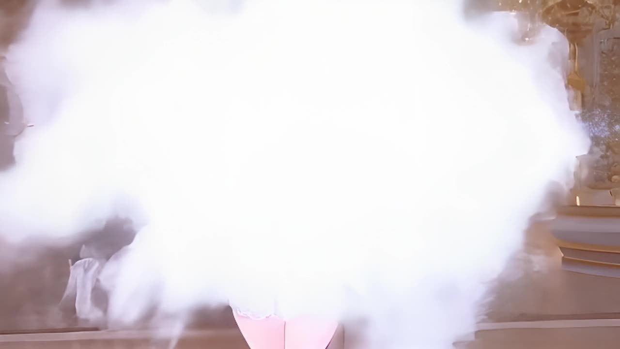一个穿着白色短夏季连衣裙的动漫白发女性站在宫殿中。