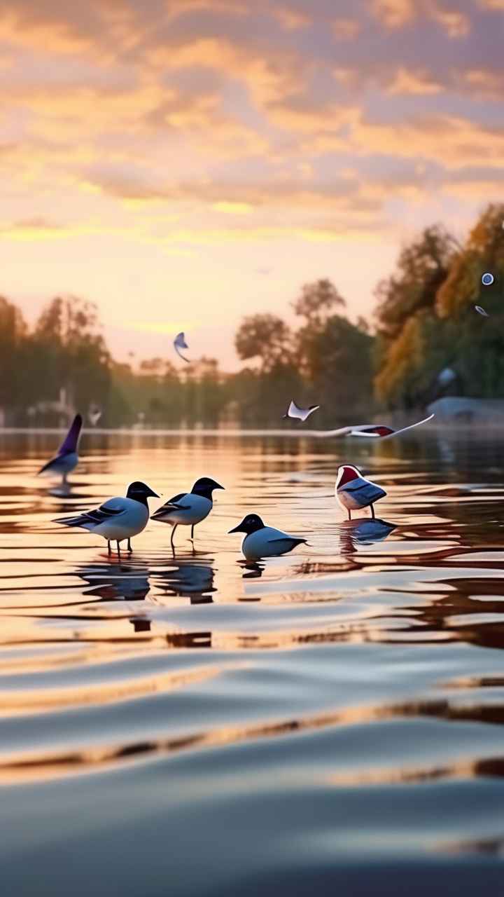 一群小鸟在湖面上嬉戏 3