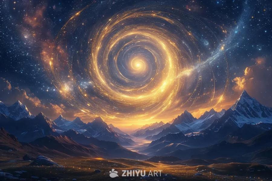 夜空中悬挂着一轮满月，下方是山脉的轮廓。一个旋转的