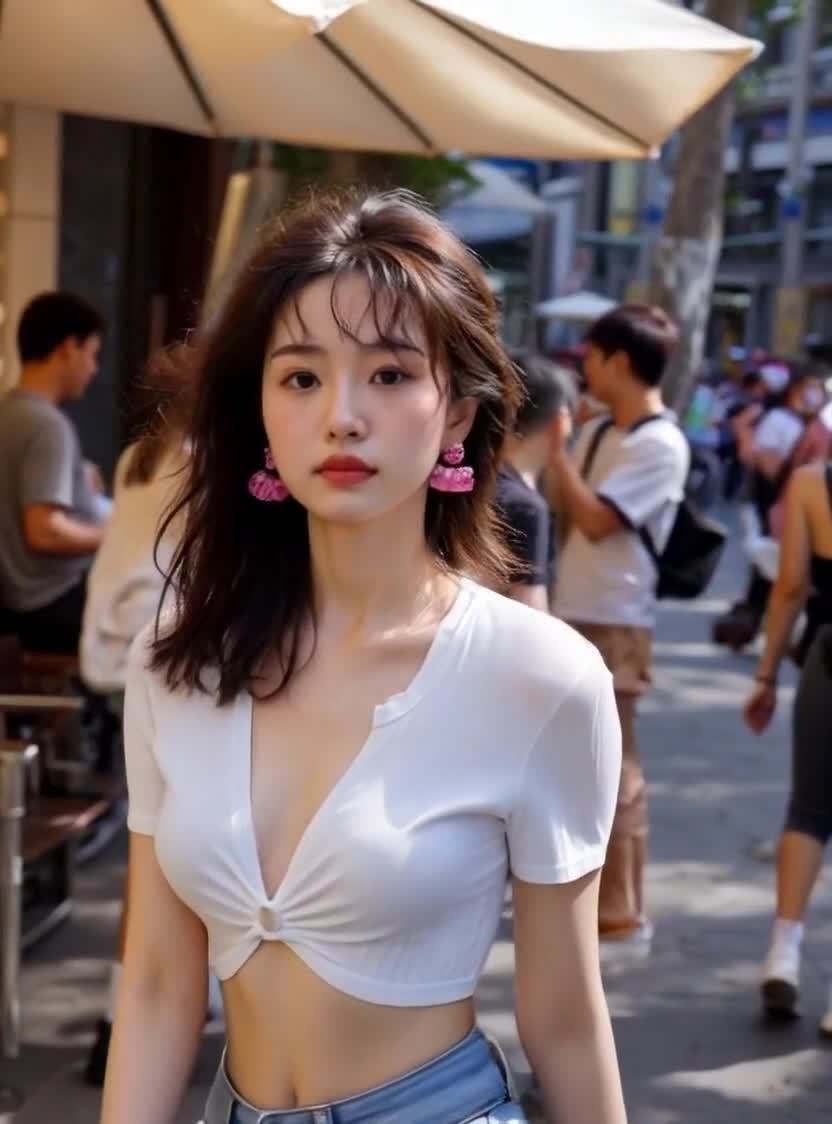 一位年轻女性站在户外，她留着深棕色的长发，戴着粉色