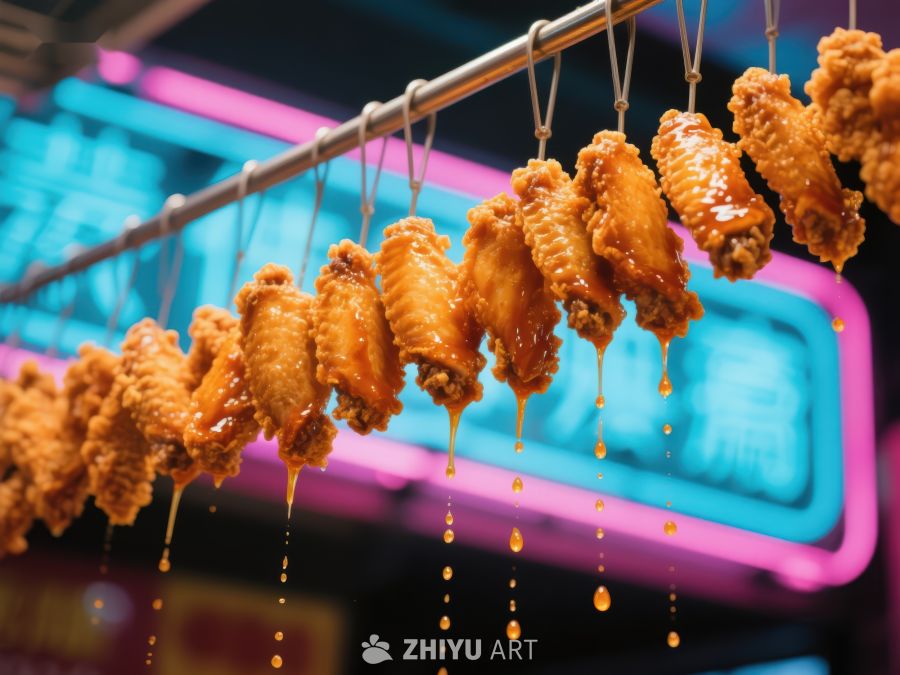 夜市烤鸡翅，霓虹灯下诱人美食