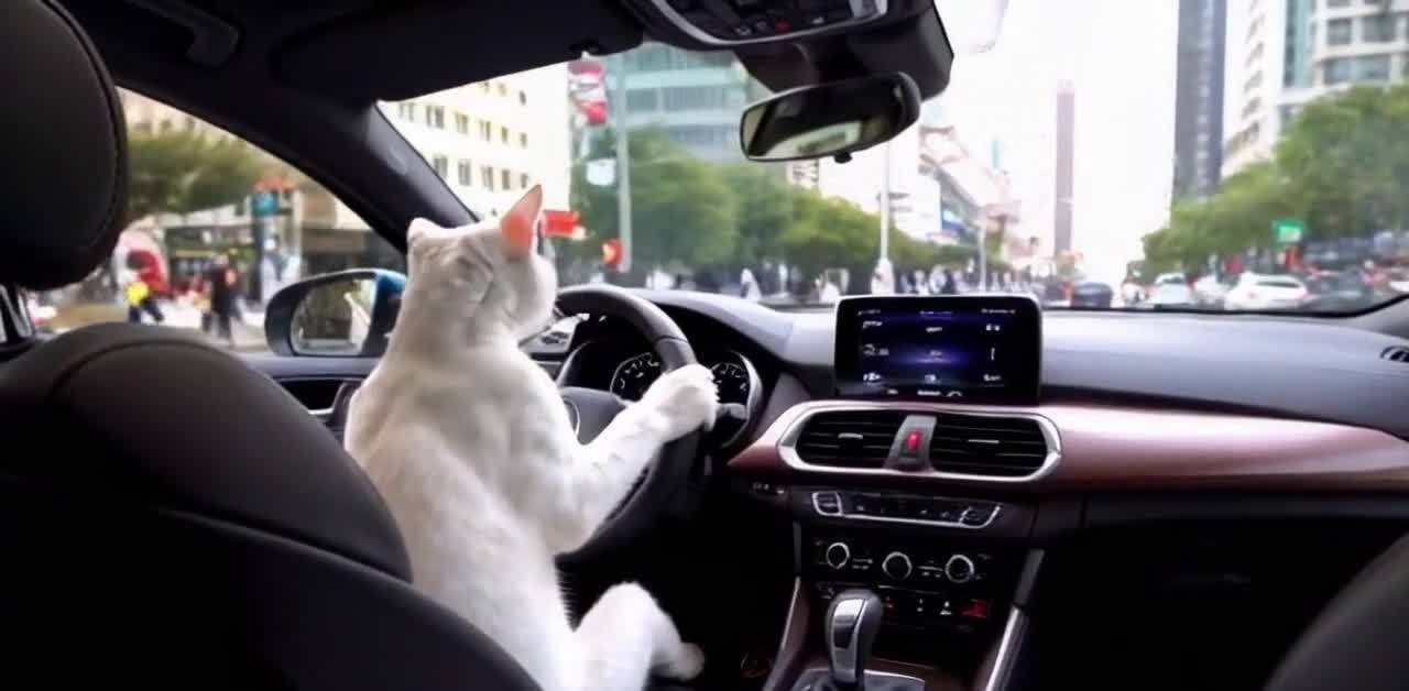 猫咪驾驶汽车穿梭城市，行驶在车水马龙的街道。