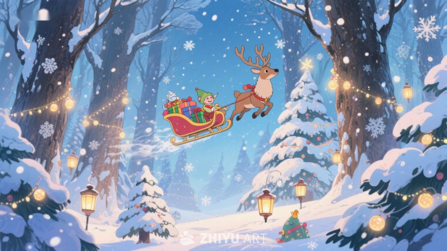 雪夜森林中的圣诞礼物运送 345