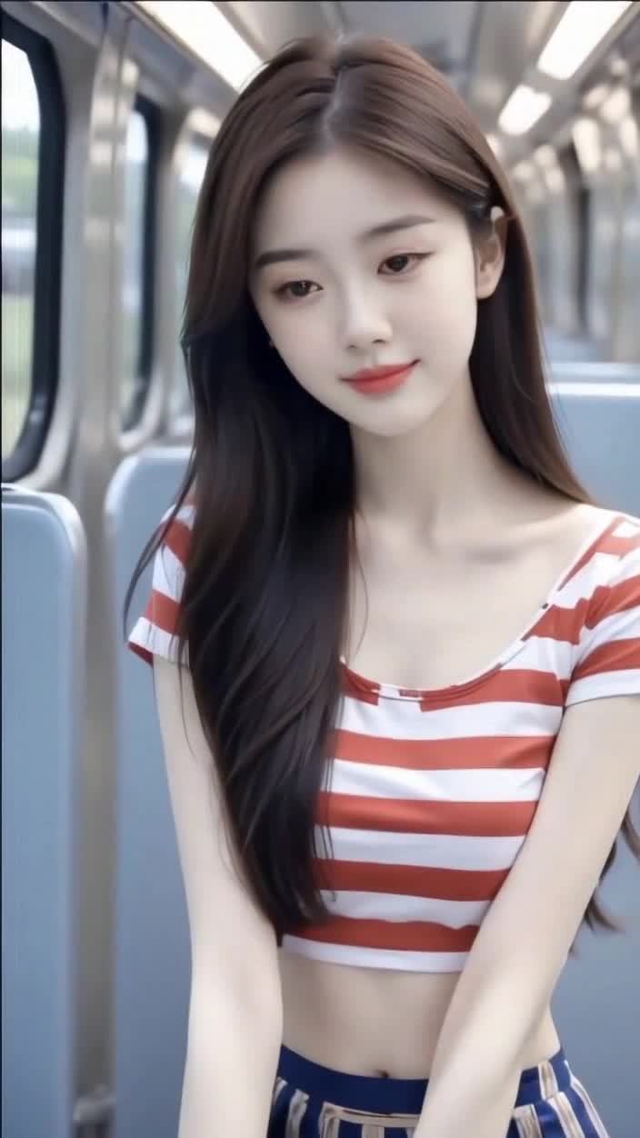 年轻女性车内微笑，红白条纹短袖短裙少女。