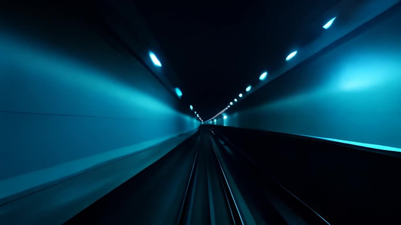 隧道内，一列火车在轨道上加速行驶，隧道两侧墙壁为蓝
