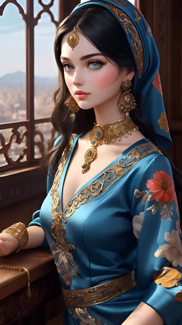 一个有着黑色长发，蓝色眼睛的女性，穿着蓝色长袍，佩