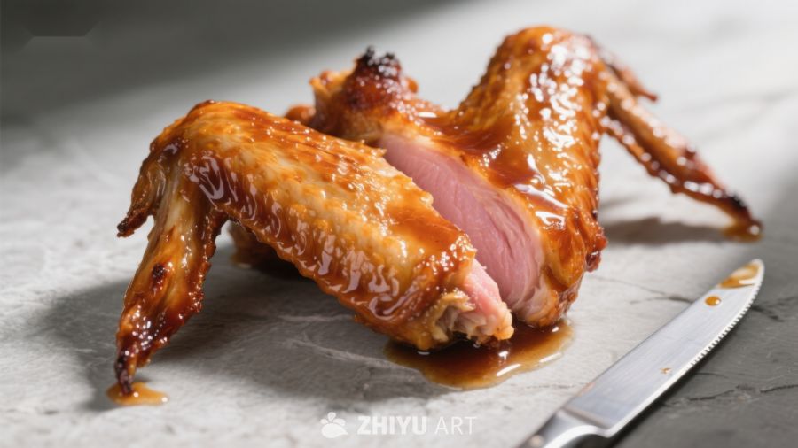 烤鸡翅特写，酱汁浓郁