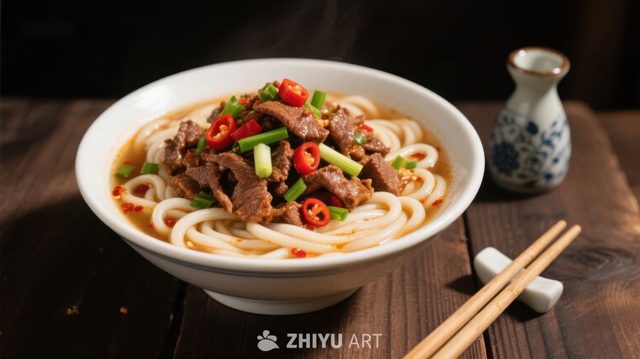 热腾腾的牛肉面配以辣椒和葱花