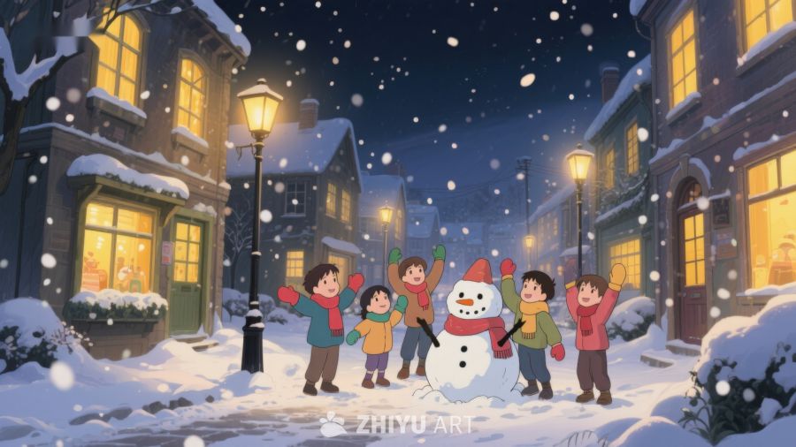 冬夜雪中孩子们与雪人欢聚 120
