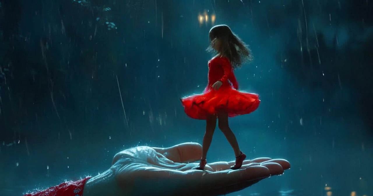 红裙女孩掌上起舞，雨夜唯美意境展现梦幻场景。