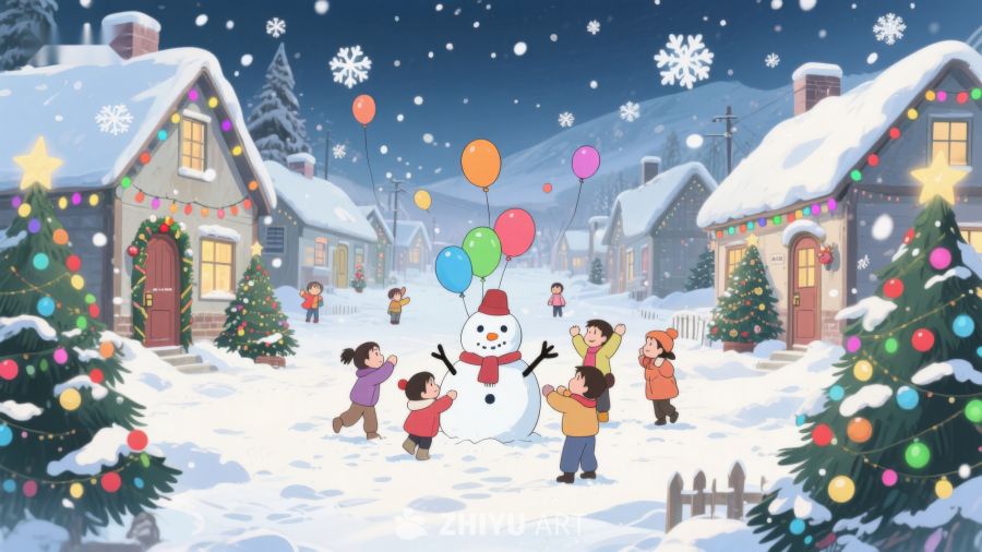 冬日雪景中孩子们堆雪人 28