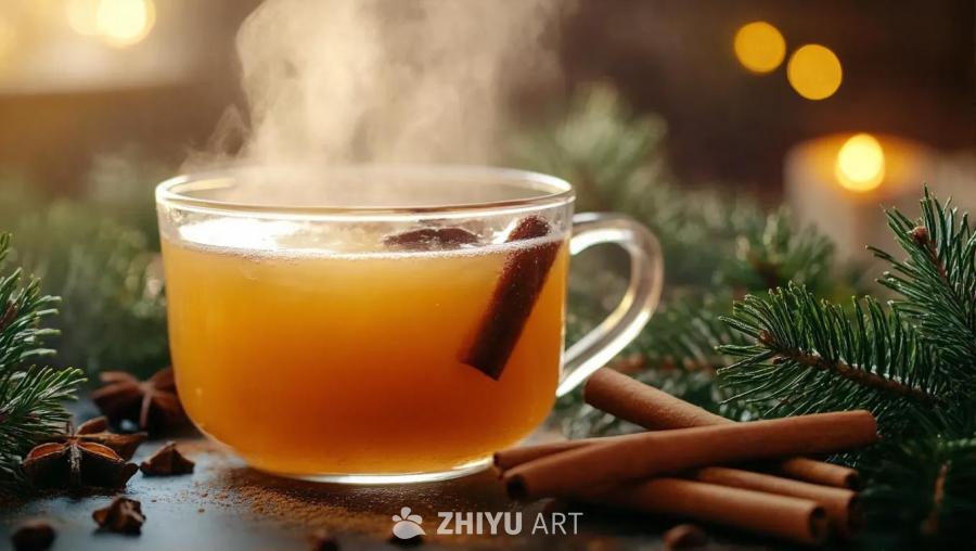 一杯透明杯子中盛着热气腾腾的潘趣酒，酒中有一根肉桂