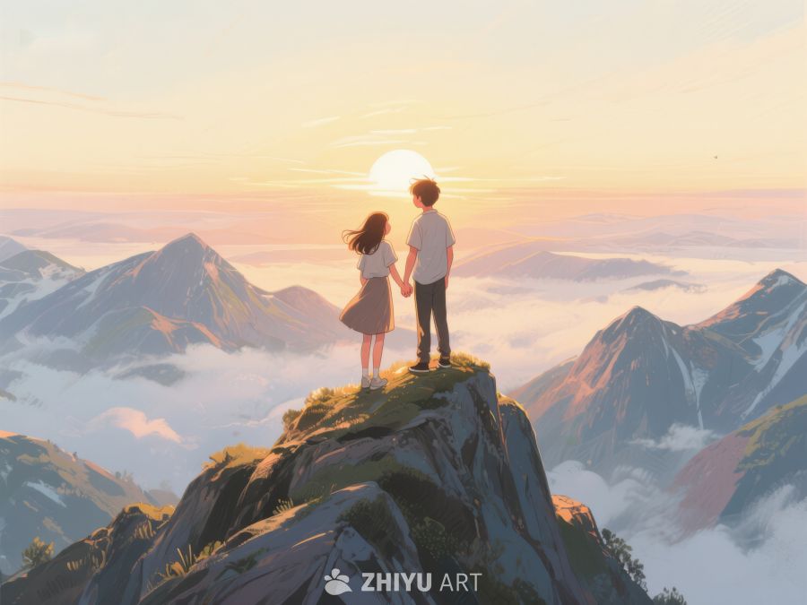 山顶观云，二人共赏日落 628