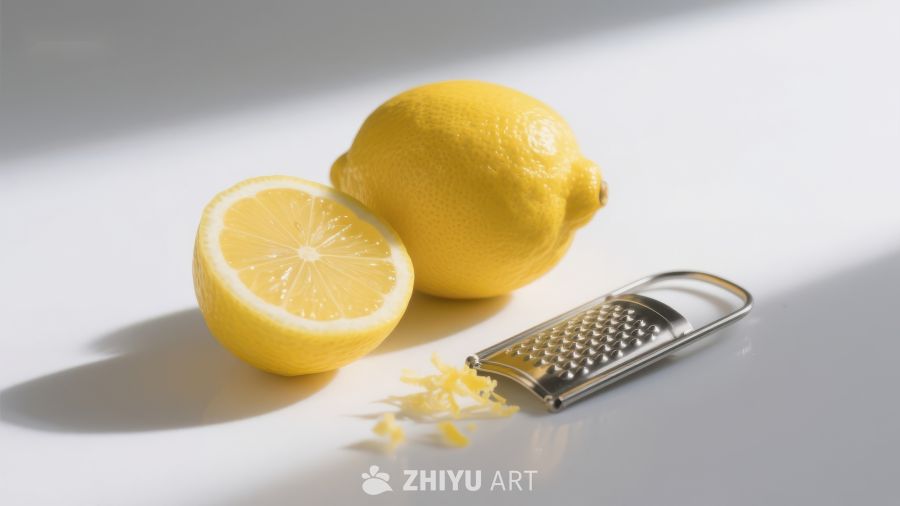 柠檬与磨皮器的静物组合