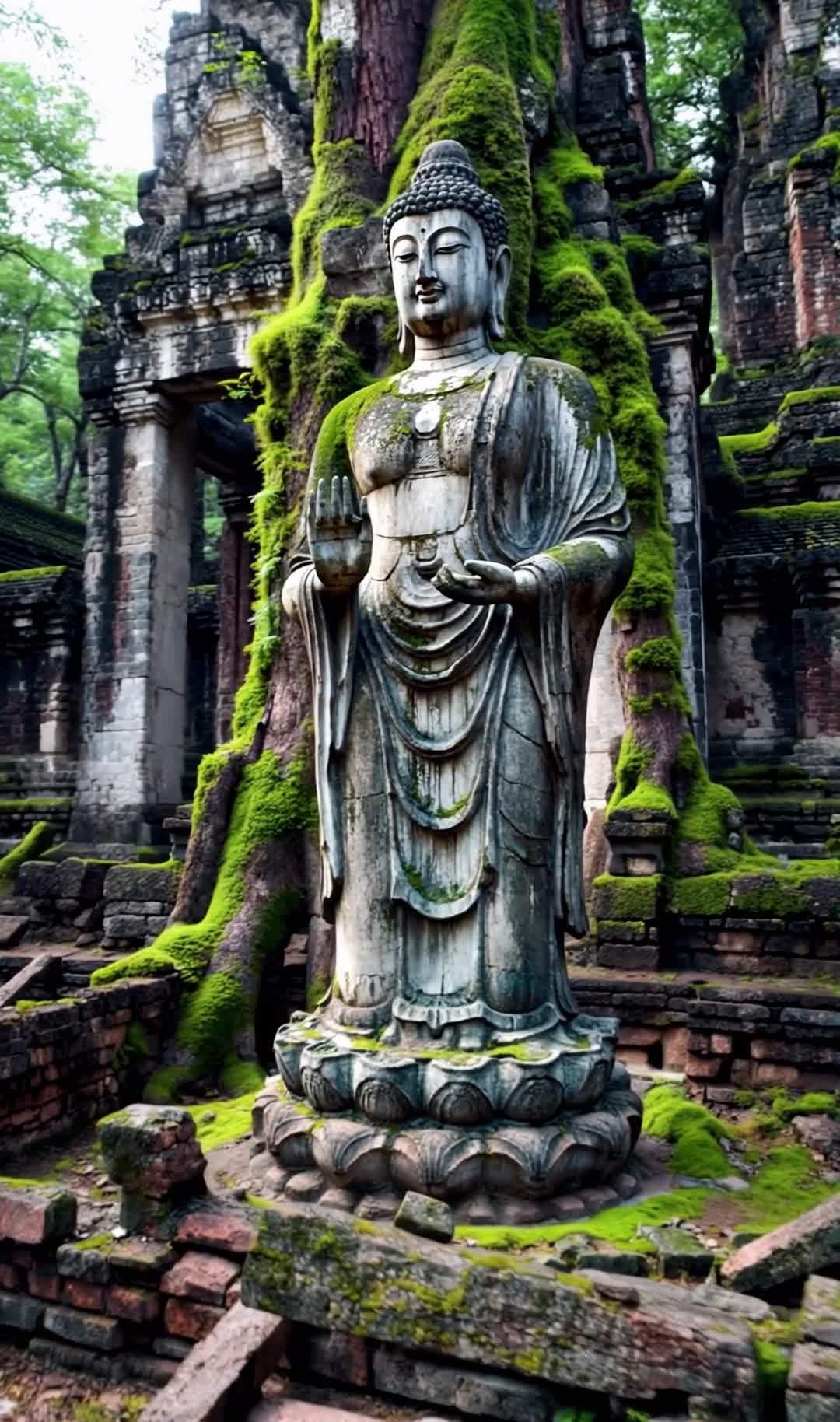 古寺佛像被植物侵蚀，沧桑超现实景象