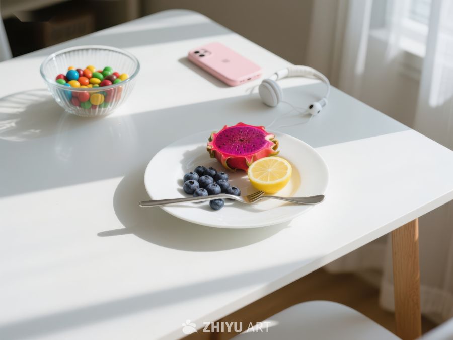 桌上美食与手机耳机的静谧时光 801