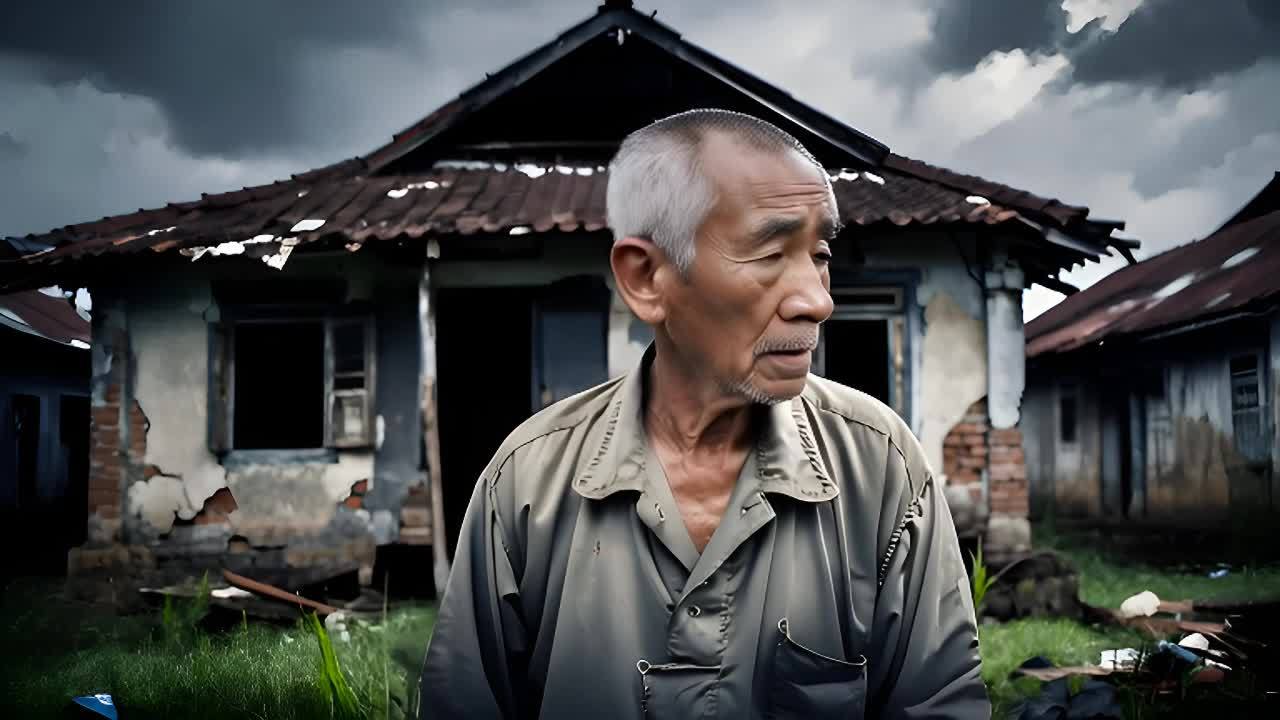 一位老年男子站在一栋破旧的房屋前，他的目光朝向一侧
