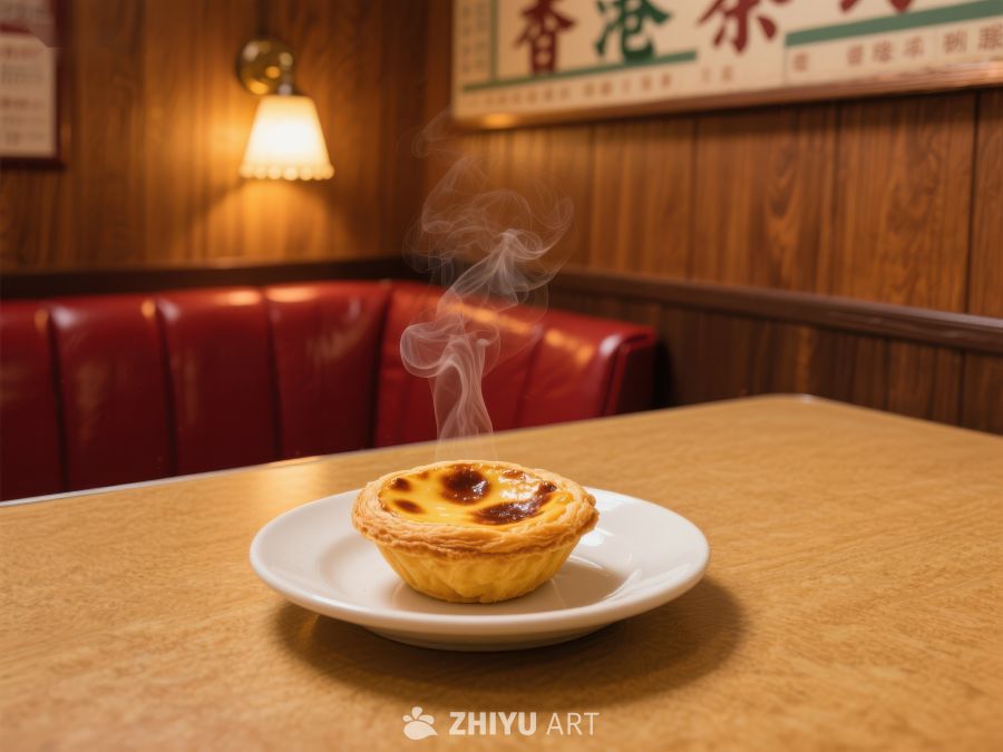 热腾腾的蛋挞置于复古餐厅桌上