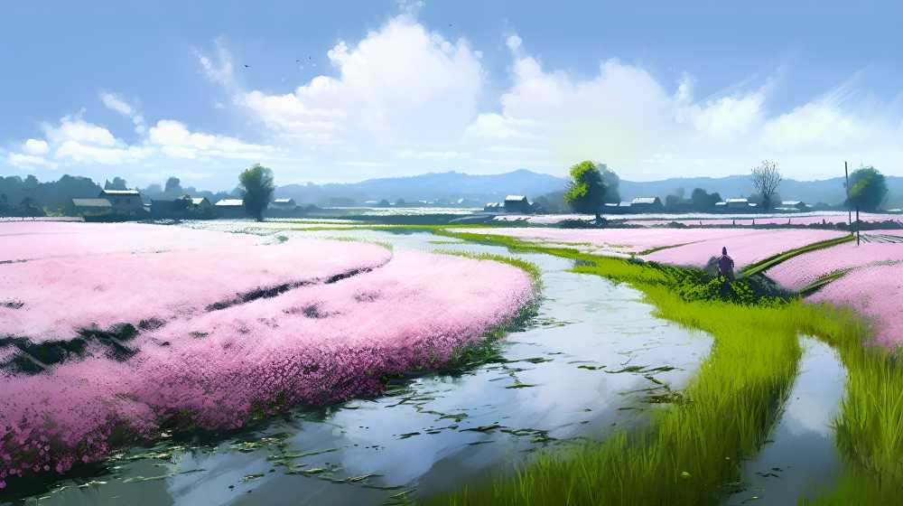 花卉水田景观，以自然主义效果图的风格