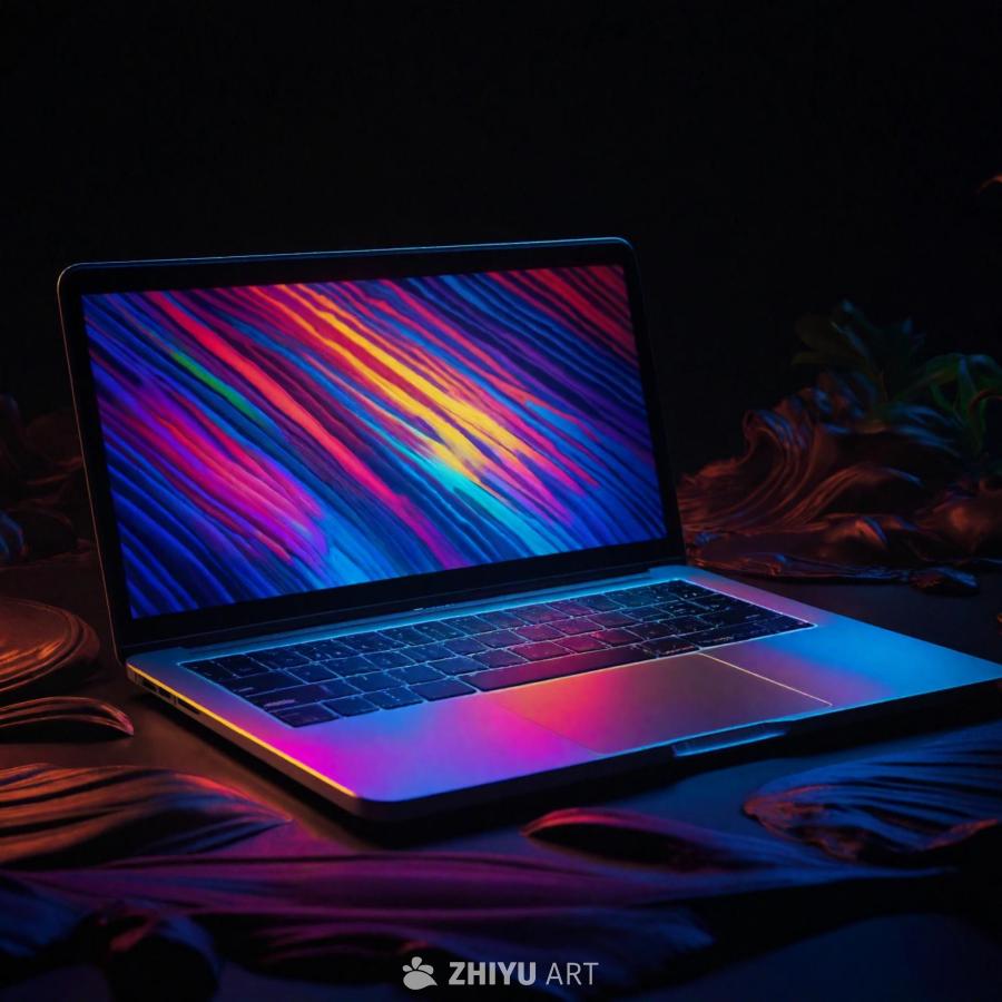 一台MacBook电脑，屏幕上显示着鲜艳的霓虹壁纸