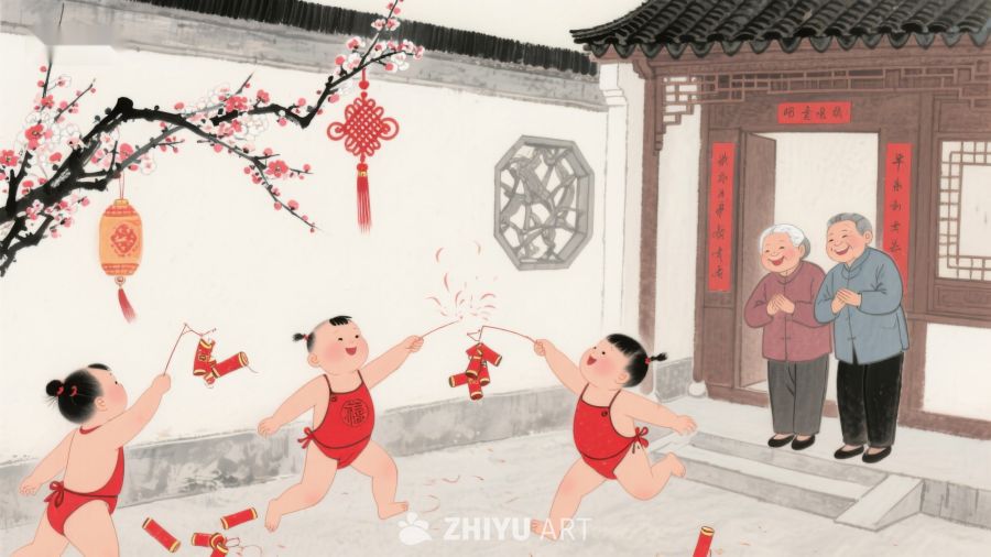 孩童嬉戏鞭炮，老人笑看庭院 286