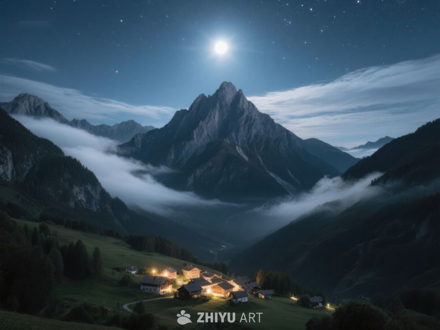 月夜山间村落灯火 594