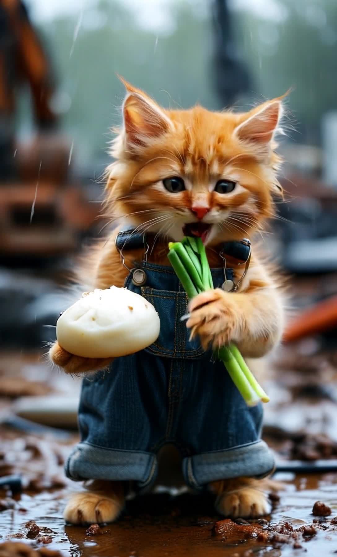 馒头葱橘猫工地雨中劳作