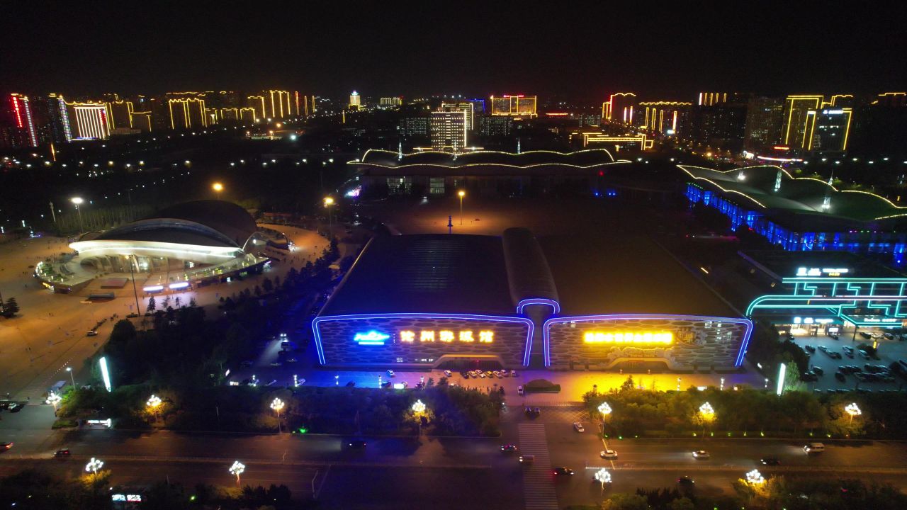 河北沧州城市夜景灯光航拍