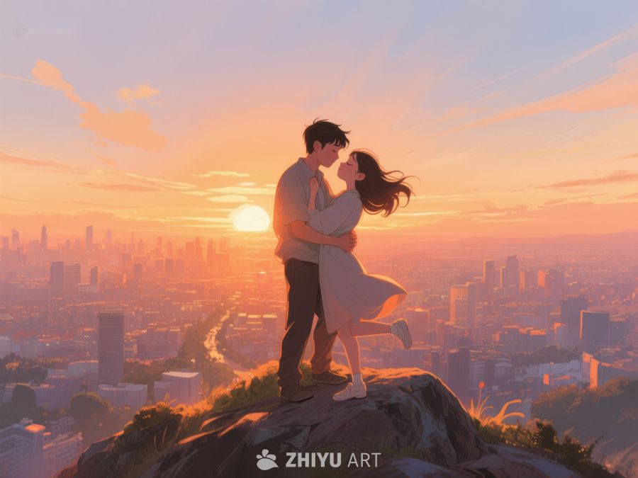 日落时分山顶情侣相拥 583