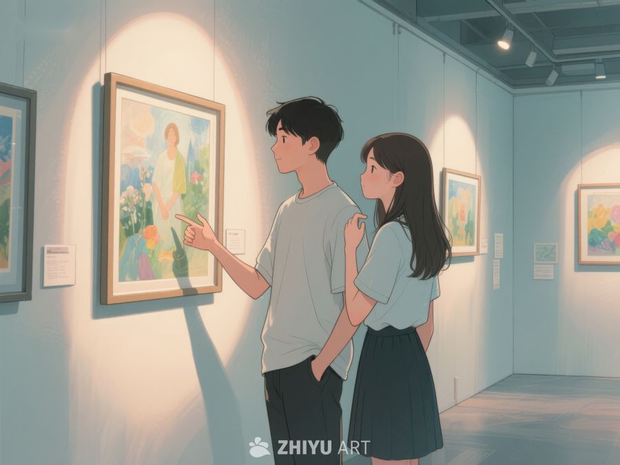 美术馆内两人观赏画作 466