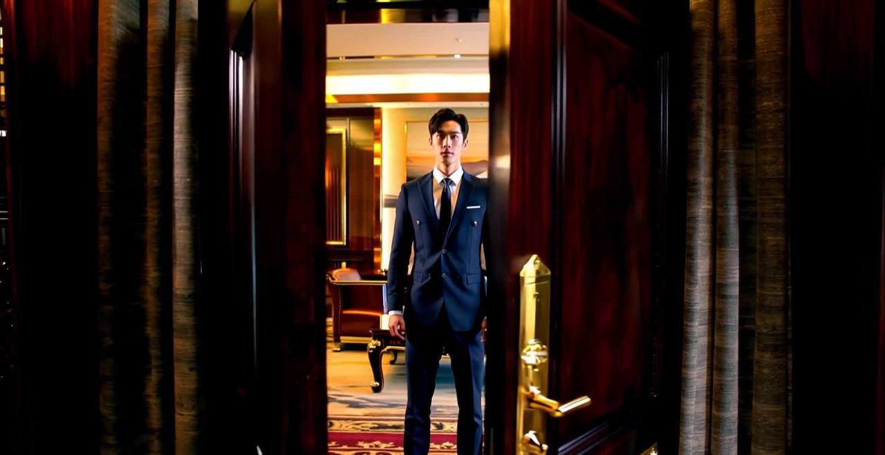 一个30岁左右、穿着西装的中国男子正从外部推开一扇