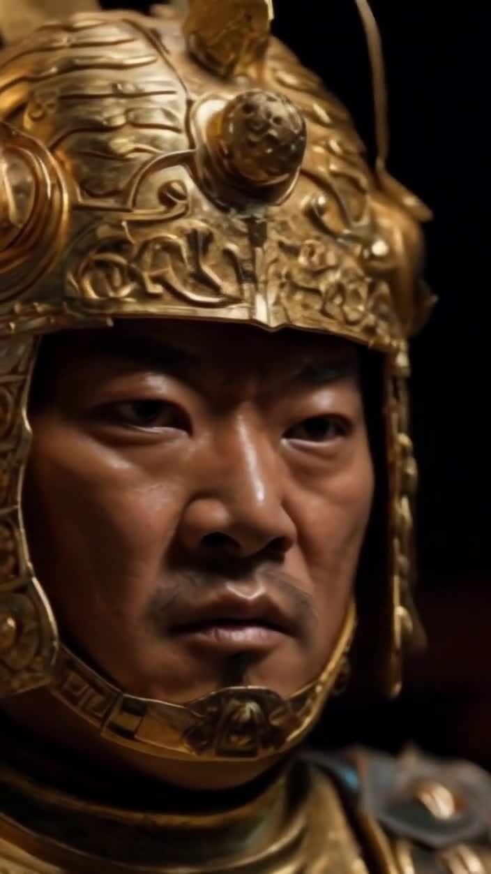 金色头盔下的东方战士，坚毅的眼神与面容