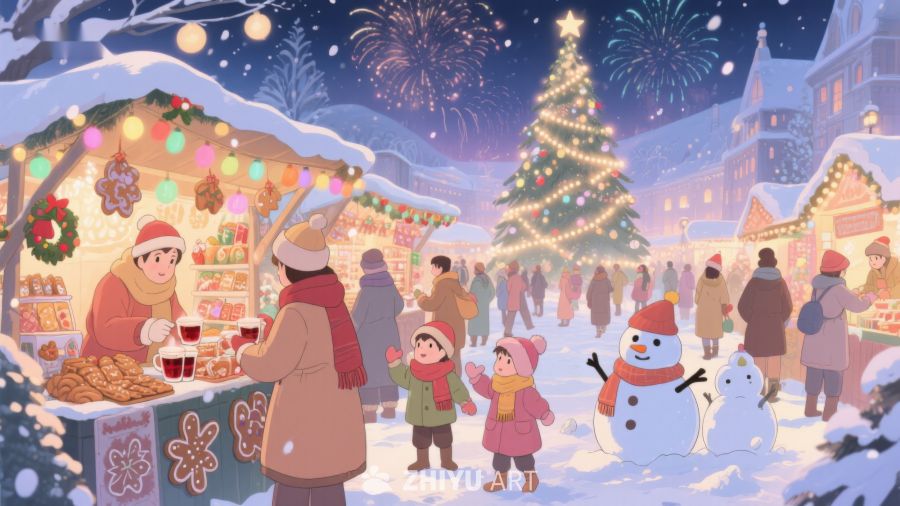 冬夜圣诞集市的温馨场景 48