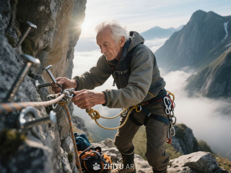 登山者在峭壁上固定绳索 55
